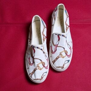 Lauren Ralph Lauren White Slip-On Sneakers with Red and Blue Accents